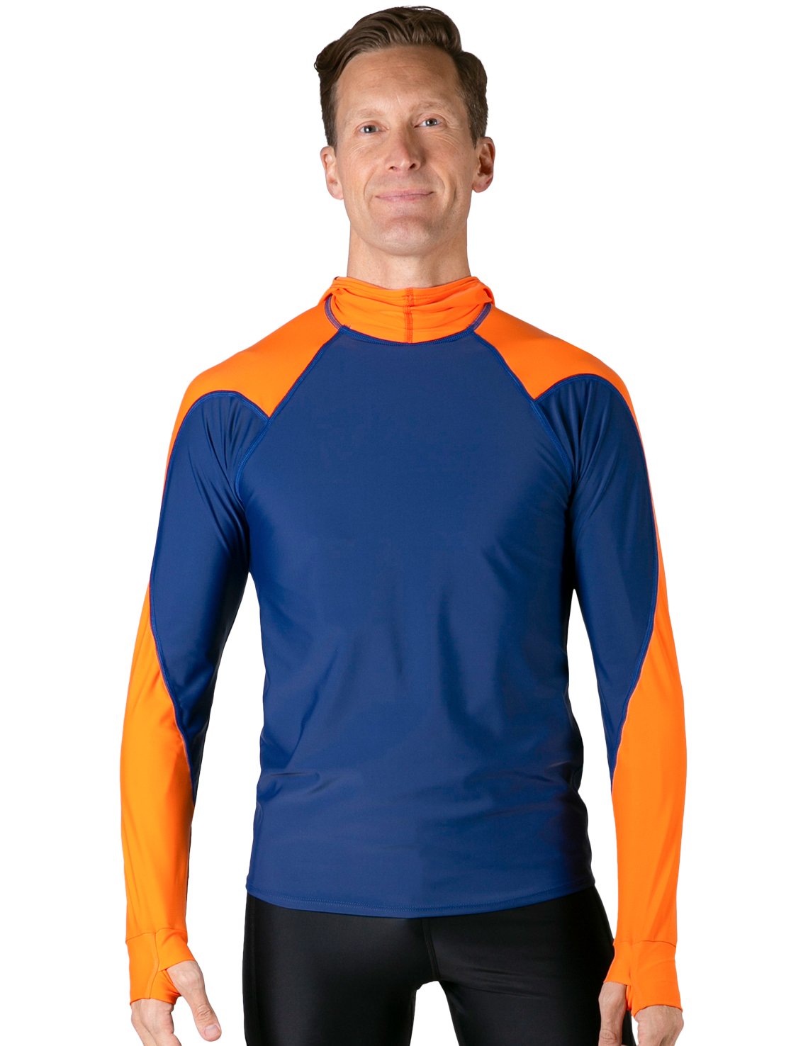 Hooded Rash Guard UPF 50+ Fitted Hood - Navy / Orange | UV Max, view 2