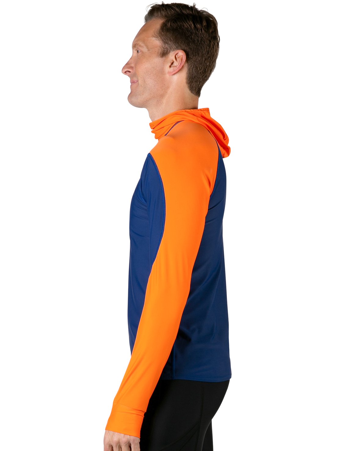 Hooded Rash Guard UPF 50+ Fitted Hood - Navy / Orange | UV Max, view 4