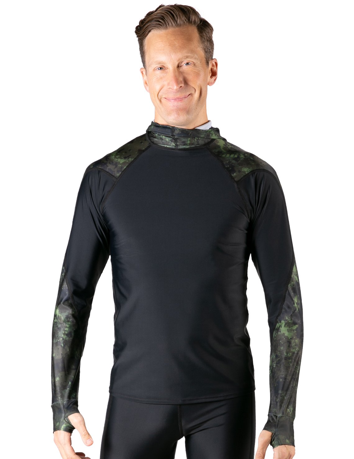 Hooded Rash Guard UPF 50+ Fitted Hood - Green Camo | UV Max, view 2