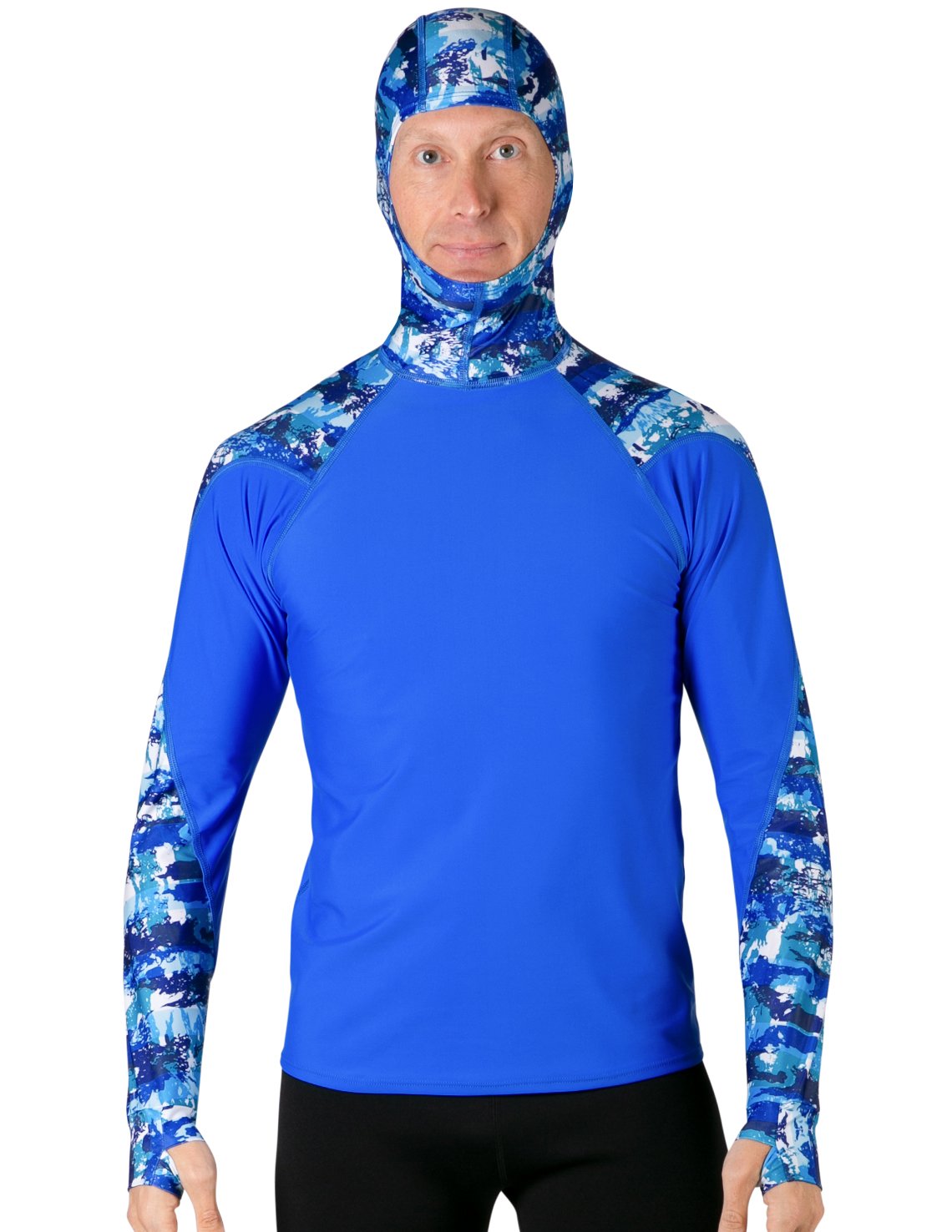 Hooded Rash Guard UPF 50+ Fitted Hood - Blue Camo | UV Max