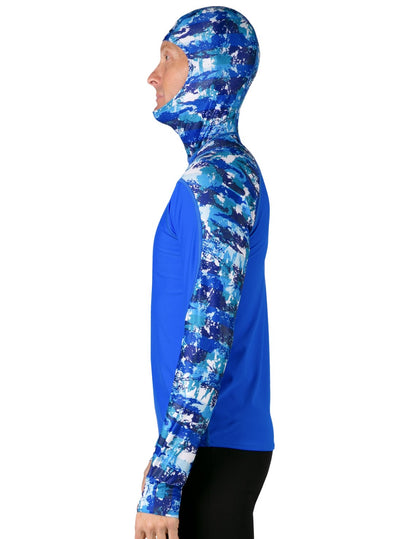 Hooded Rash Guard UPF 50+ Fitted Hood - Blue Camo | UV Max, view 3