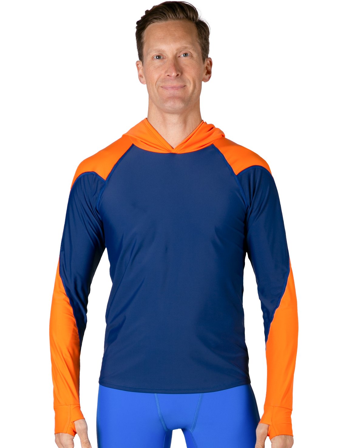 Hooded Rash Guard UPF 50+ Relaxed Hood - Navy / Orange | UV Max, view 2