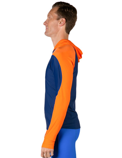 Hooded Rash Guard UPF 50+ Relaxed Hood - Navy / Orange | UV Max, view 3