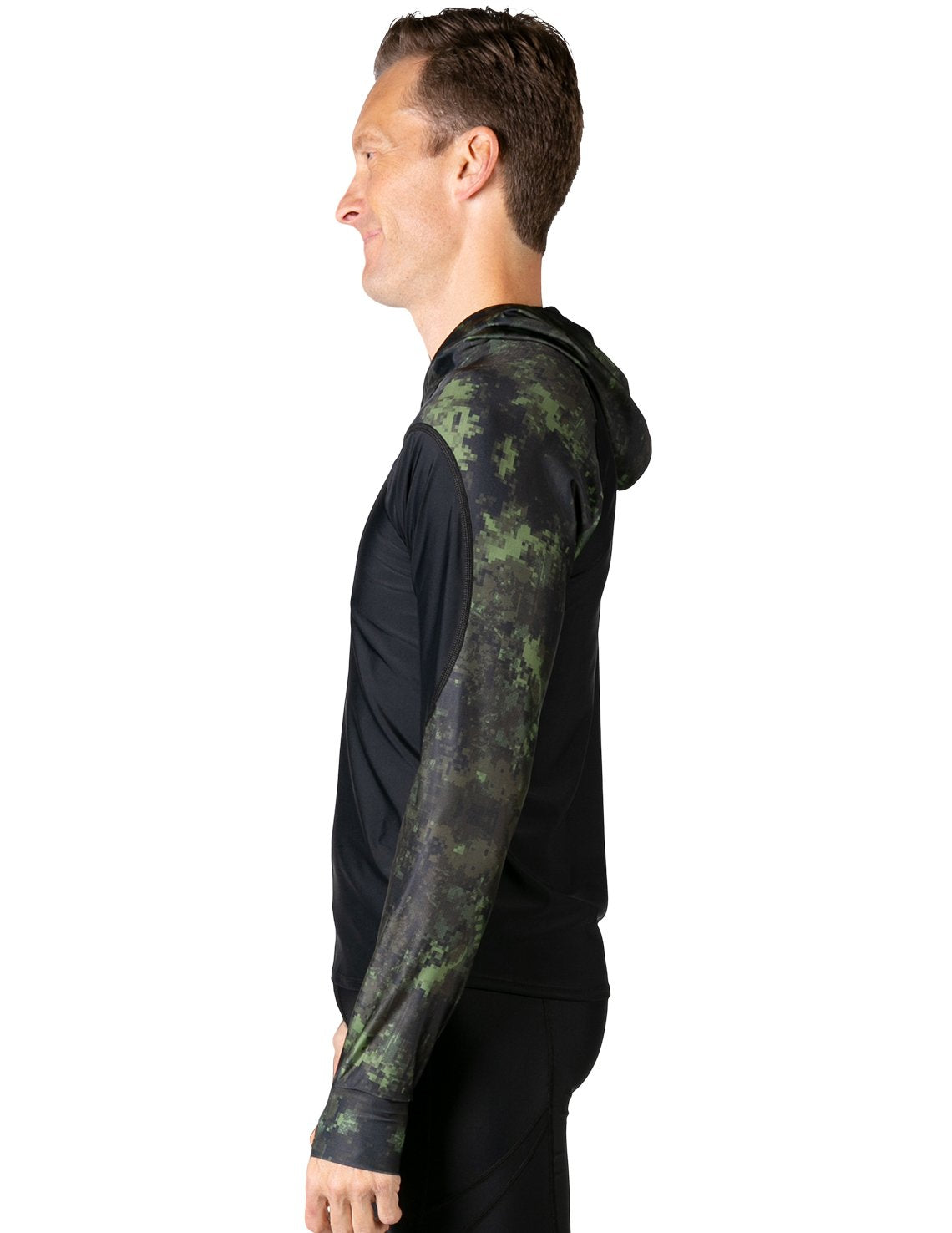 Hooded Rash Guard UPF 50+ Relaxed Hood - Green Camo | UV Max, view 3