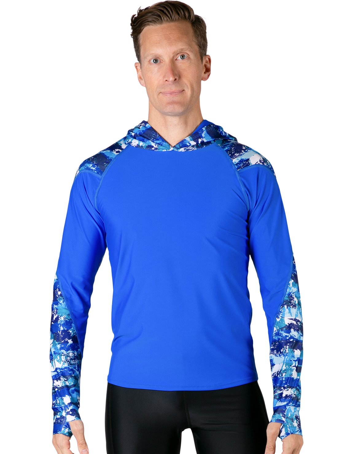 Hooded Rash Guard UPF 50+ Relaxed Hood - Blue Camo | UV Max, view 2