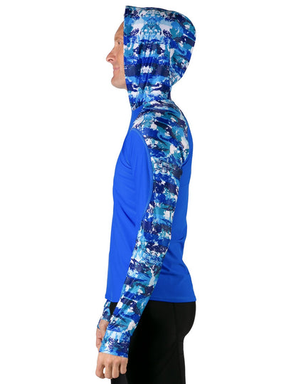 Hooded Rash Guard UPF 50+ Relaxed Hood - Blue Camo | UV Max, view 4