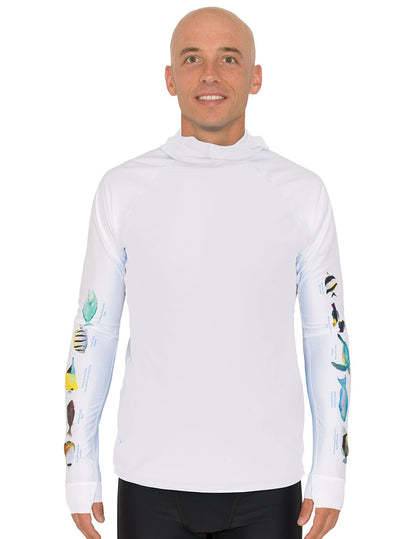 Snorkel Hooded Rash Guard UPF 50+ Hawaii Fish Chart - White | UV Max