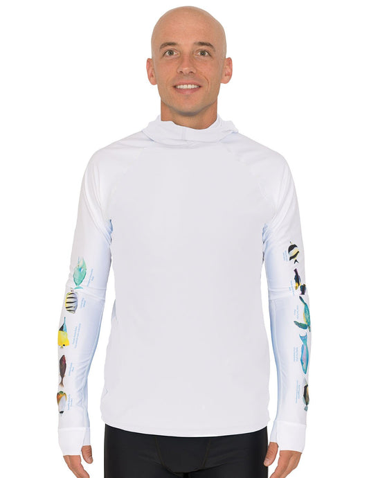 Snorkel Hooded Rash Guard UPF 50+ Hawaii Fish Chart - White | UV Max