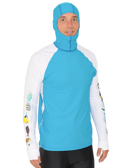 Snorkel Hooded Rash Guard UPF 50+ Hawaii Fish Chart - Aqua | UV Max