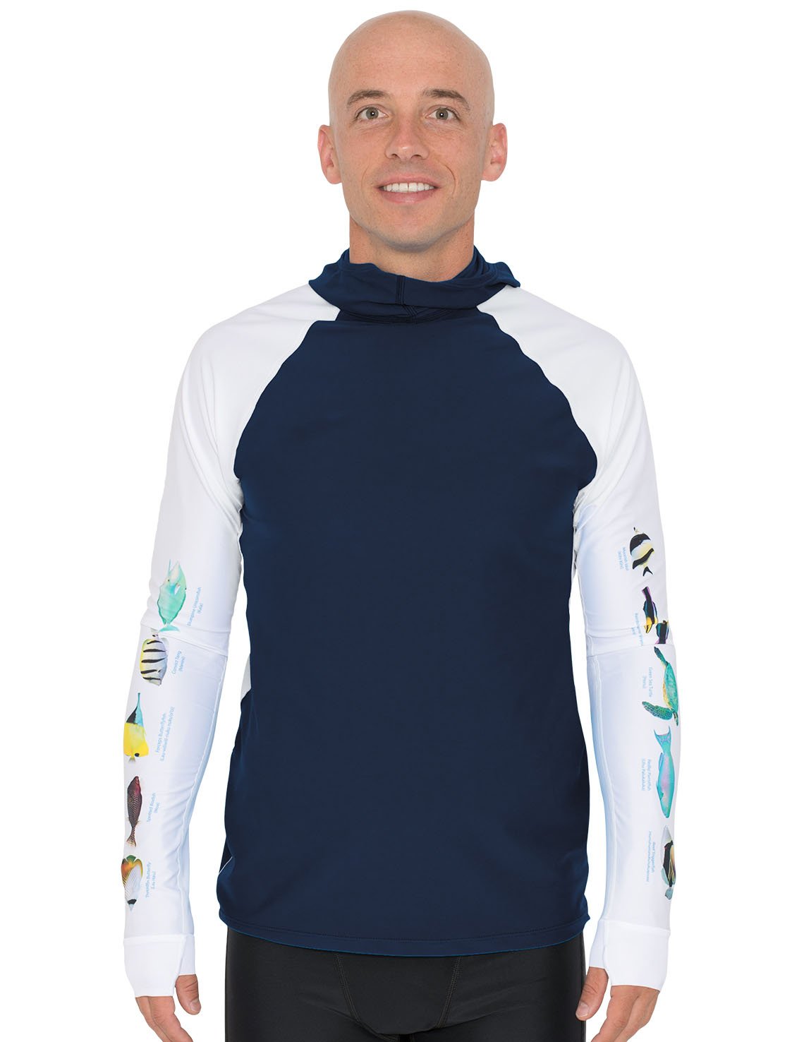 Snorkel Hooded Rash Guard UPF 50+ Hawaii Fish Chart - Navy | UV Max, view 2
