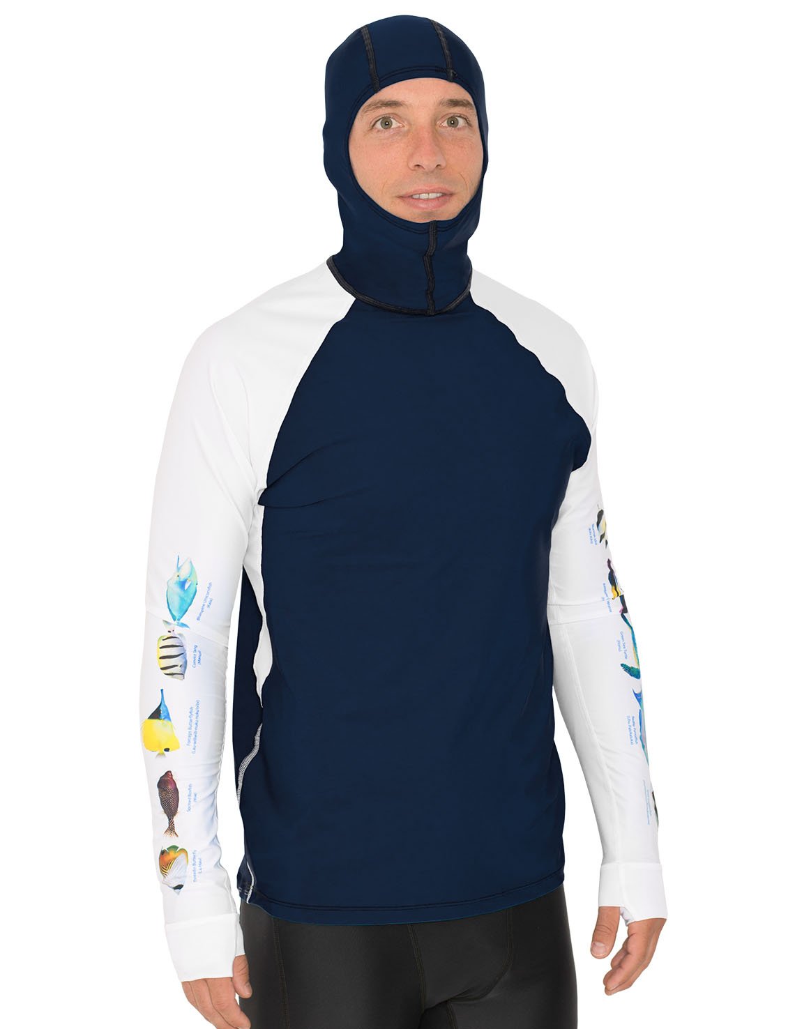 Snorkel Hooded Rash Guard UPF 50+ Hawaii Fish Chart - Navy | UV Max