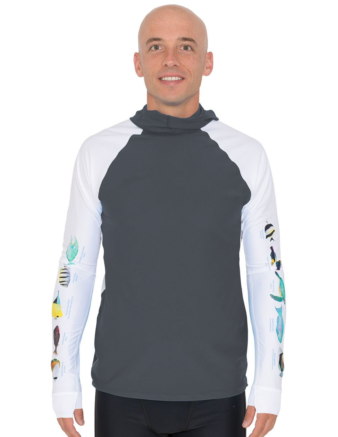Snorkel Hooded Rash Guard UPF 50+ Hawaii Fish Chart - Gray | UV Max, view 2