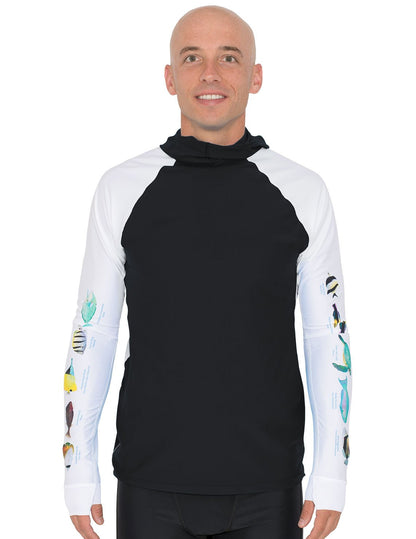 Snorkel Hooded Rash Guard UPF 50+ Hawaii Fish Chart - Black | UV Max, view 2