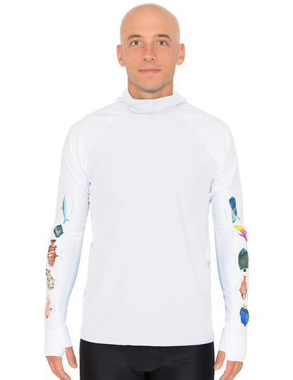 Snorkel Hooded Rash Guard UPF 50+ Caribbean Fish Chart - White | UV Max