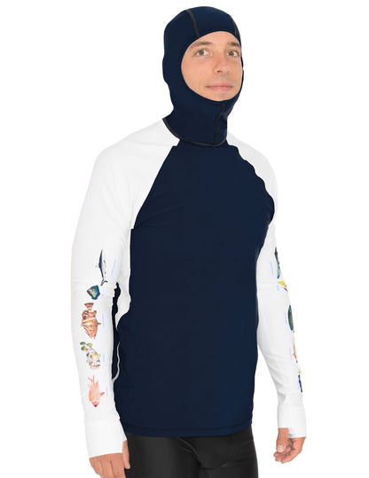 Snorkel Hooded Rash Guard UPF 50+ Caribbean Fish Chart - Navy | UV Max